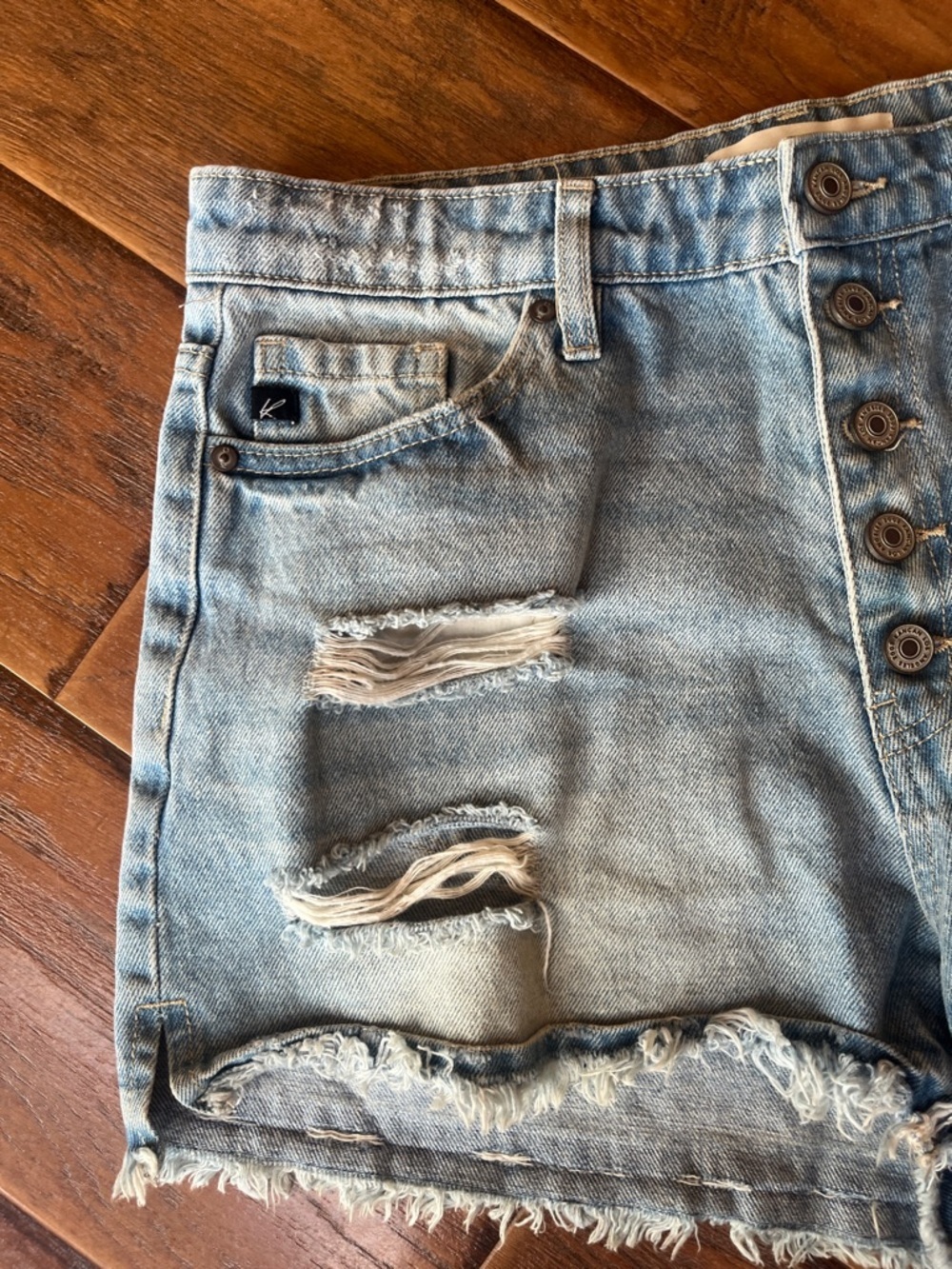 KanCan Light Blue Distressed Button-Front Denim Shorts - Size Large - Picture 3 of 7